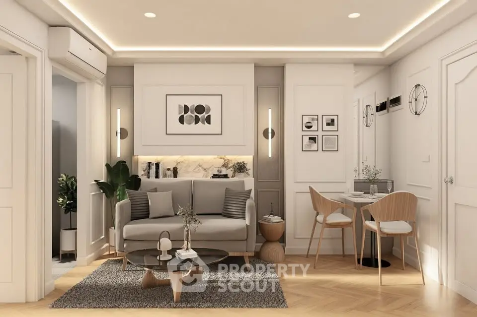Modern living room with stylish decor and cozy dining area, featuring elegant lighting and contemporary furniture.
