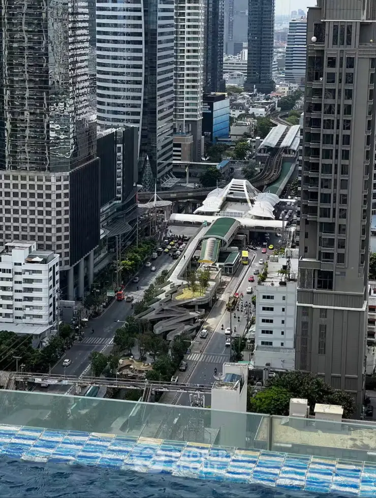 Stunning cityscape view from rooftop pool overlooking urban skyline and modern architecture.