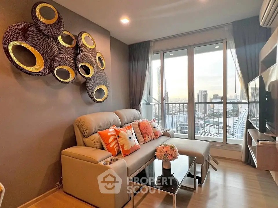 Stylish living room with modern decor and city view from large windows