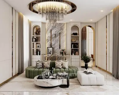 Luxurious modern living room with elegant chandelier and stylish decor