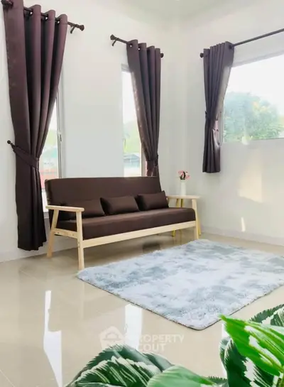 Bright living room with modern sofa, plush rug, and large windows with brown curtains.