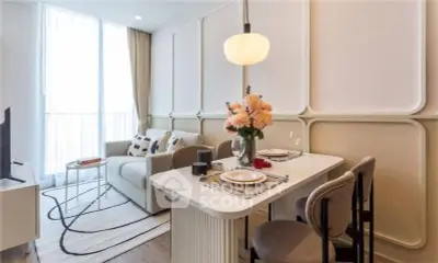 Stylish modern living room with elegant dining area and cozy sofa