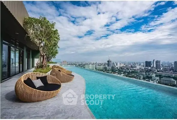 Luxurious rooftop infinity pool with stunning city skyline view and stylish seating area.