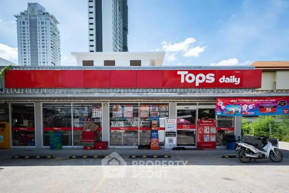 Convenience store exterior with modern urban backdrop, showcasing retail space potential.