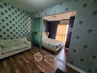 Modern apartment with stylish wallpaper and cozy bedroom