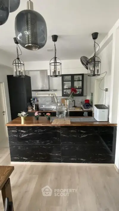 Modern kitchen with stylish lighting and black marble countertops