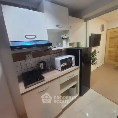 Modern compact kitchen with sleek appliances and stylish cabinetry