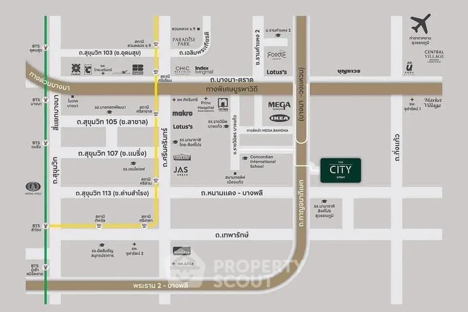 Detailed map showcasing prime real estate locations near shopping centers and major roads.