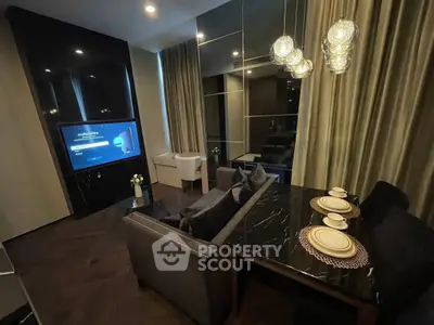 Luxurious modern living room with elegant decor and ambient lighting