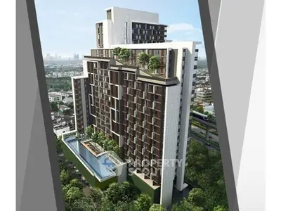 Modern high-rise building with rooftop garden and pool, offering stunning city views.