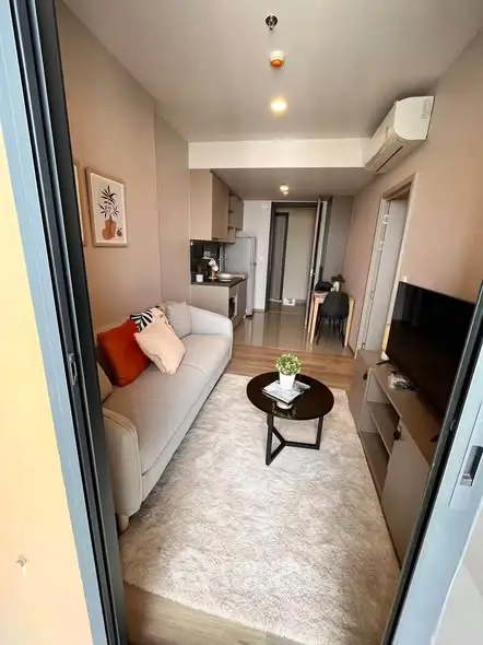 Modern living room with cozy sofa, stylish decor, and open kitchen layout in a chic apartment.