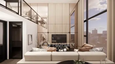 Luxurious modern living room with stunning city view and elegant decor