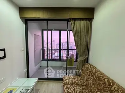 Modern apartment living room with balcony and city view