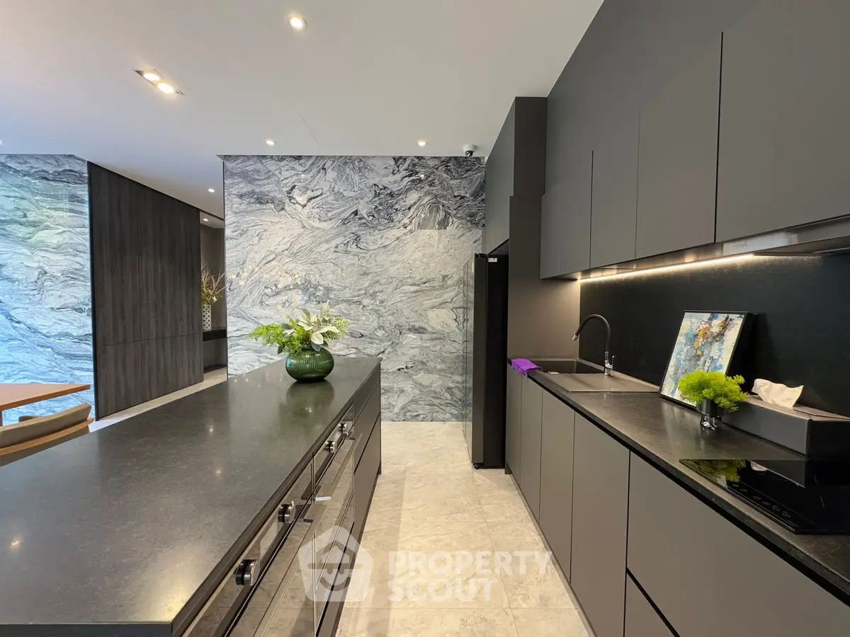 Luxurious modern kitchen with sleek black cabinetry and marble accents