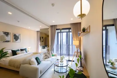 Luxurious modern bedroom with balcony and stylish decor in urban apartment