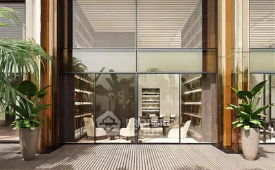 Luxurious modern building entrance with elegant glass facade and lush greenery