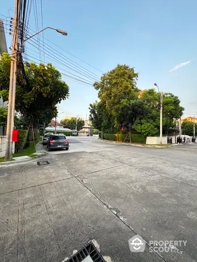 Charming residential street with lush greenery and parked cars, ideal for serene living.