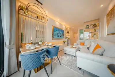 Luxurious modern living room with elegant decor and cozy dining area, perfect for relaxation and entertainment.