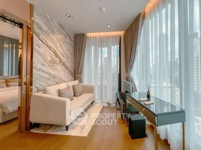Luxurious modern living room with floor-to-ceiling windows and city view