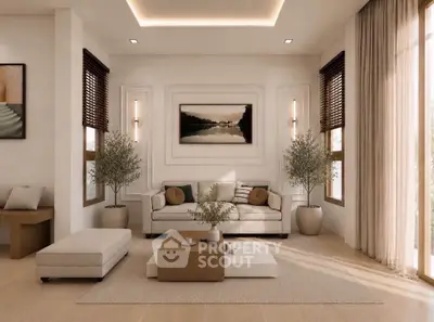 Elegant living room with modern decor, large windows, and cozy seating area.