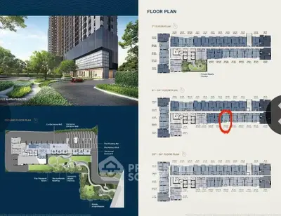 Modern apartment building with detailed floor plans and lush green surroundings.