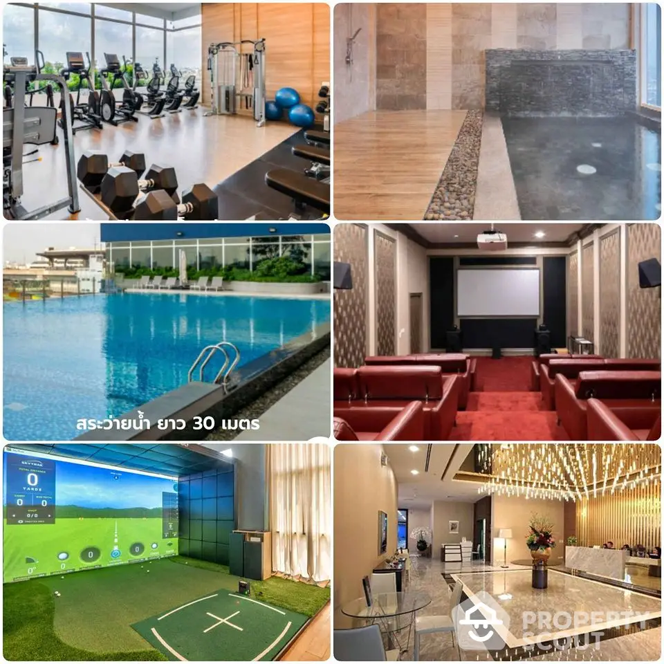 Luxurious amenities in modern real estate complex with gym, pool, cinema, and golf simulator.