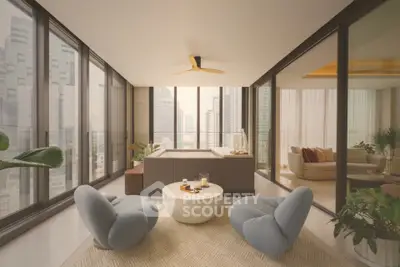 Luxurious modern living room with panoramic city views and stylish furniture.