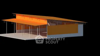 Modern architectural rendering of a commercial building with orange roofing and open layout.