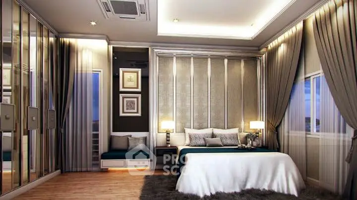 Luxurious bedroom with elegant decor and ambient lighting