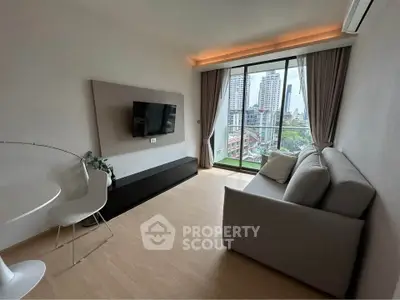 Modern living room with city view, sleek furniture, and natural light.