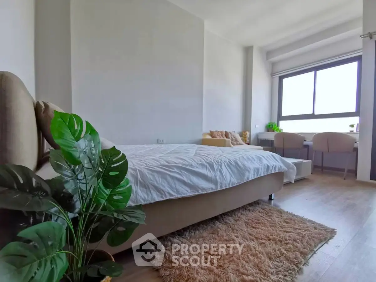 Spacious bedroom with large window and cozy decor in modern apartment
