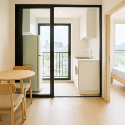Modern apartment with open kitchen and city view, featuring sleek design and natural light.
