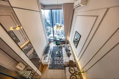Luxurious high-ceiling living room with panoramic city view and modern decor