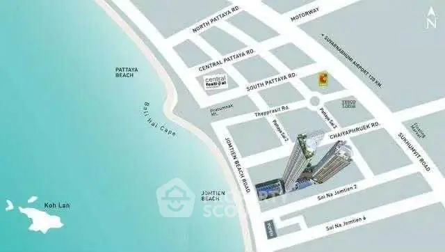 Map showing prime real estate location near Pattaya Beach with nearby amenities and attractions.