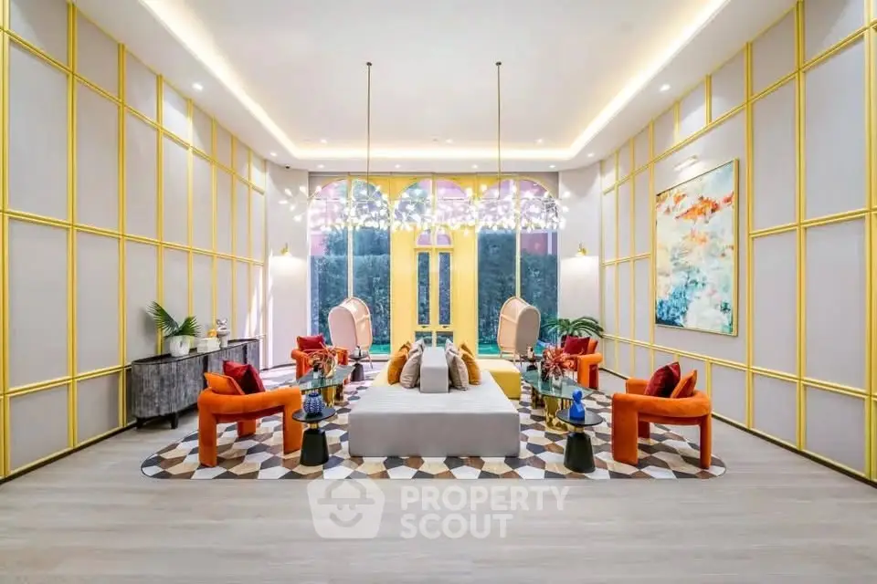 Luxurious living room with vibrant decor and modern lighting