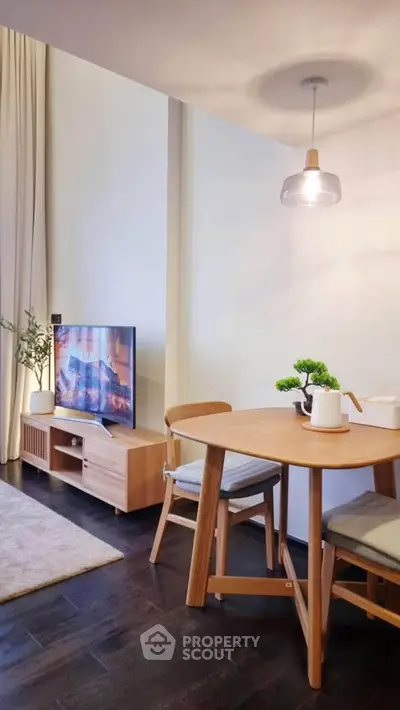 Cozy living room with modern decor and stylish wooden furniture