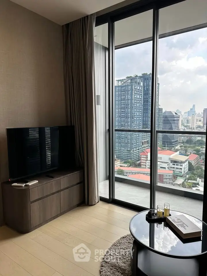 Modern living room with city view and sleek furniture, featuring a large window and balcony access.