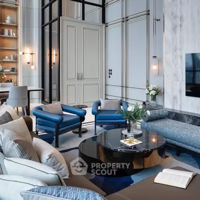 Luxurious modern living room with elegant blue chairs and stylish decor