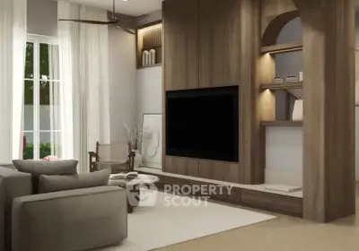 Modern living room with elegant wooden paneling and large TV