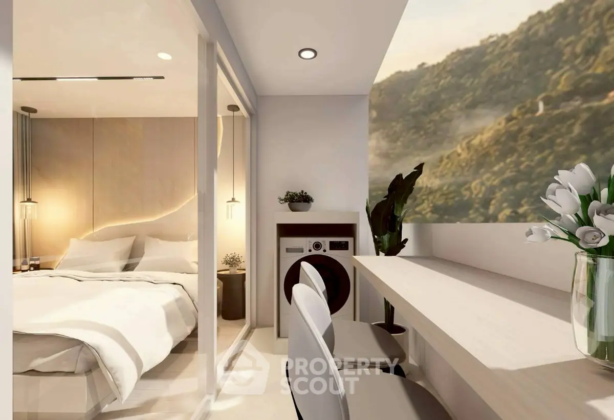 Modern bedroom with study area and scenic view, featuring sleek design and natural light.