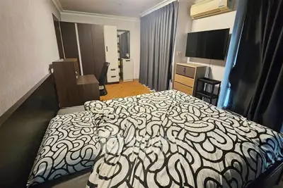 Spacious bedroom with modern decor and large wardrobe in a stylish apartment.