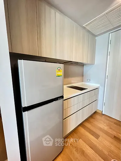 Modern kitchen with sleek cabinetry and energy-efficient fridge