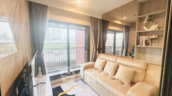 Modern living room with large windows and cozy sofa, offering a bright and inviting atmosphere.