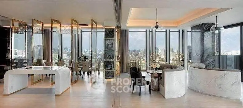 Luxurious modern living room with panoramic city views and elegant dining area.