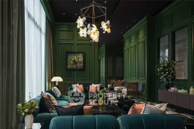 Luxurious living room with elegant green paneling and plush seating