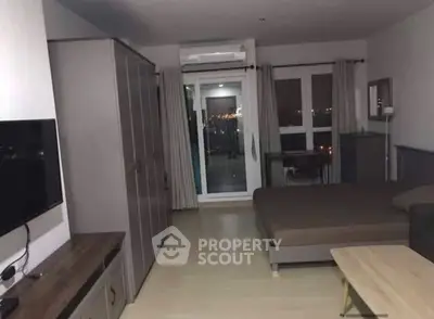 Modern bedroom with city view and stylish furnishings