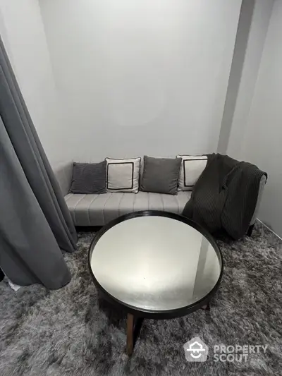 Chic modern living space featuring a plush grey sofa with stylish cushions, a sleek round coffee table, and a luxurious shaggy area rug, perfect for urban living.