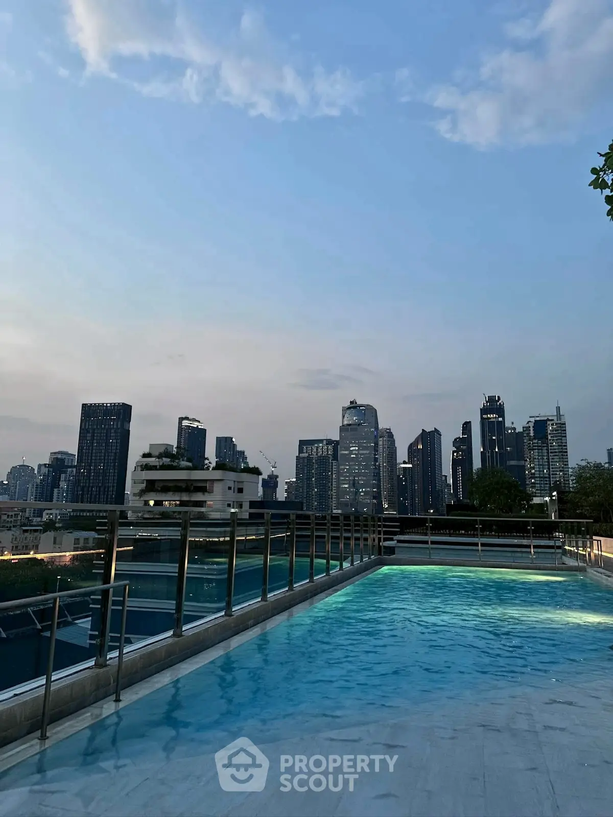Stunning rooftop pool with breathtaking city skyline view at dusk