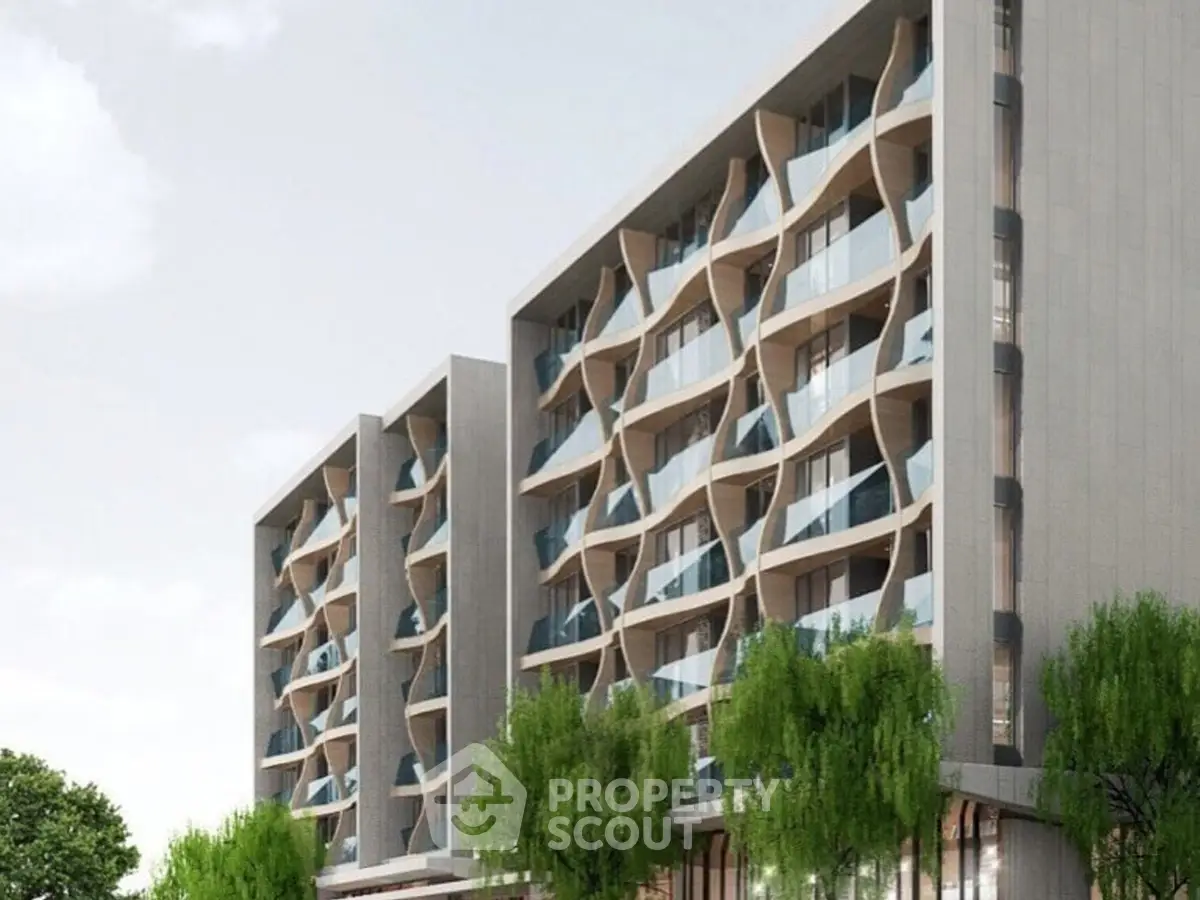 Modern architectural building with unique facade and lush greenery