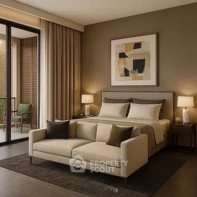 Luxurious bedroom with modern decor and private balcony access, featuring elegant furnishings and ambient lighting.